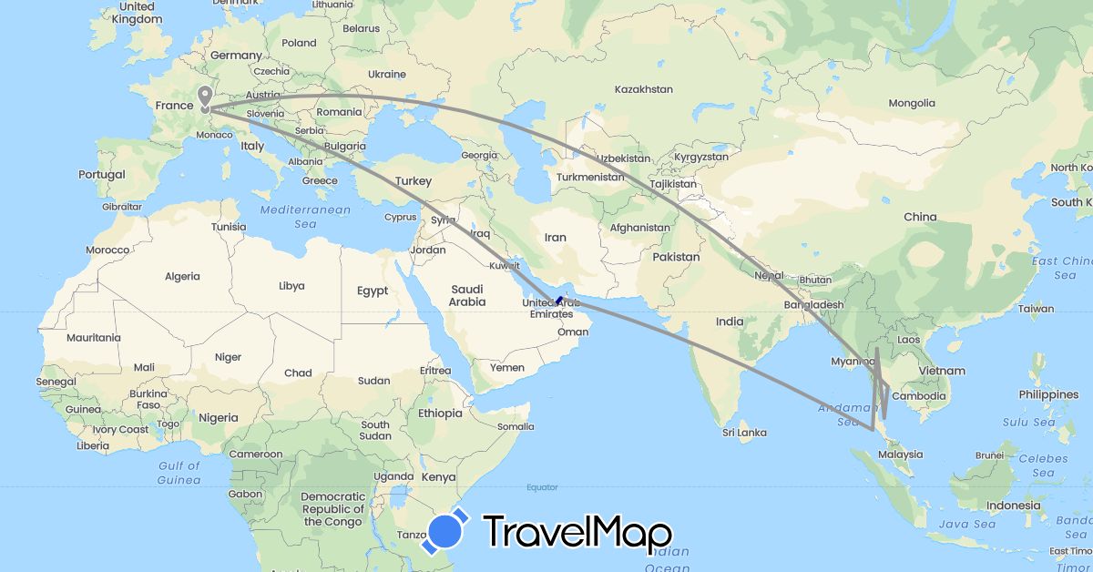 TravelMap itinerary: driving, plane in United Arab Emirates, Switzerland, Thailand (Asia, Europe)