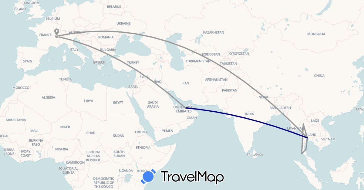 TravelMap itinerary: driving, plane in United Arab Emirates, Switzerland, Thailand (Asia, Europe)